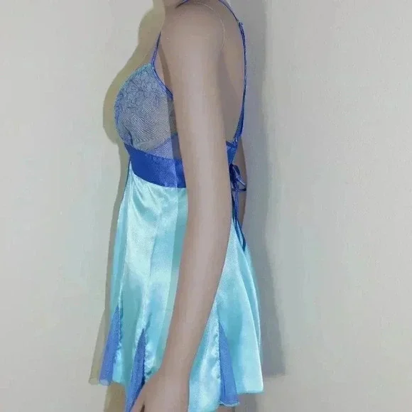 Vintage 00s Blue Satin Lace Teddy Lingerie Size Small Floral Mesh Slip On Sexy - Picture 2 of 4